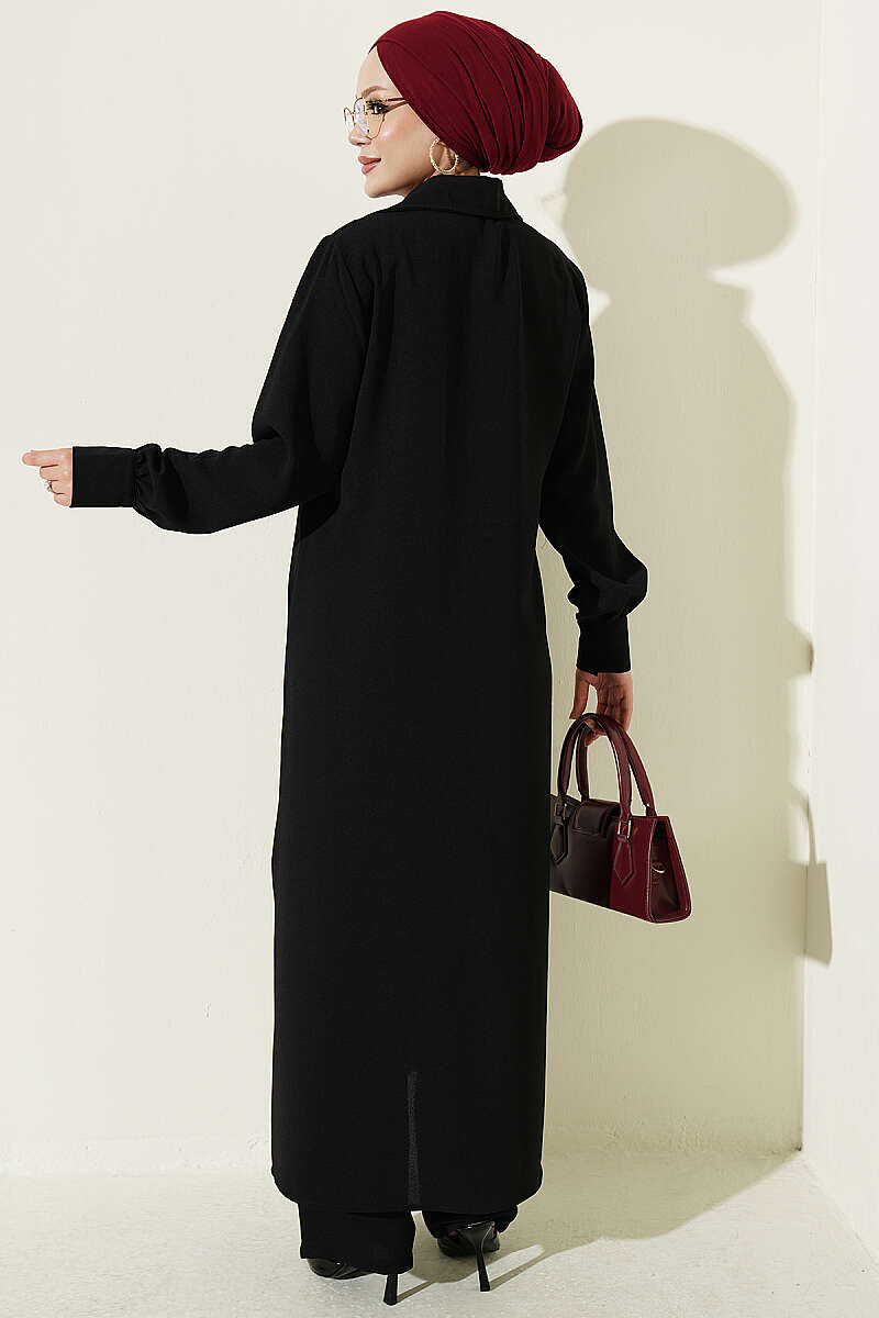 Long Tunic Two-Piece Set with Buttoned Cuffs - Black