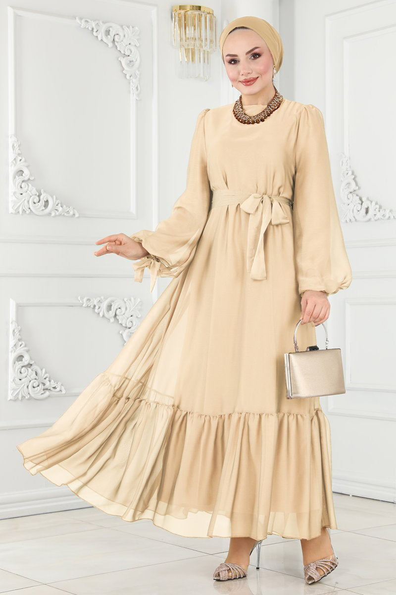Shot-Fabric Evening Dress with Tie Cuffs - Gold