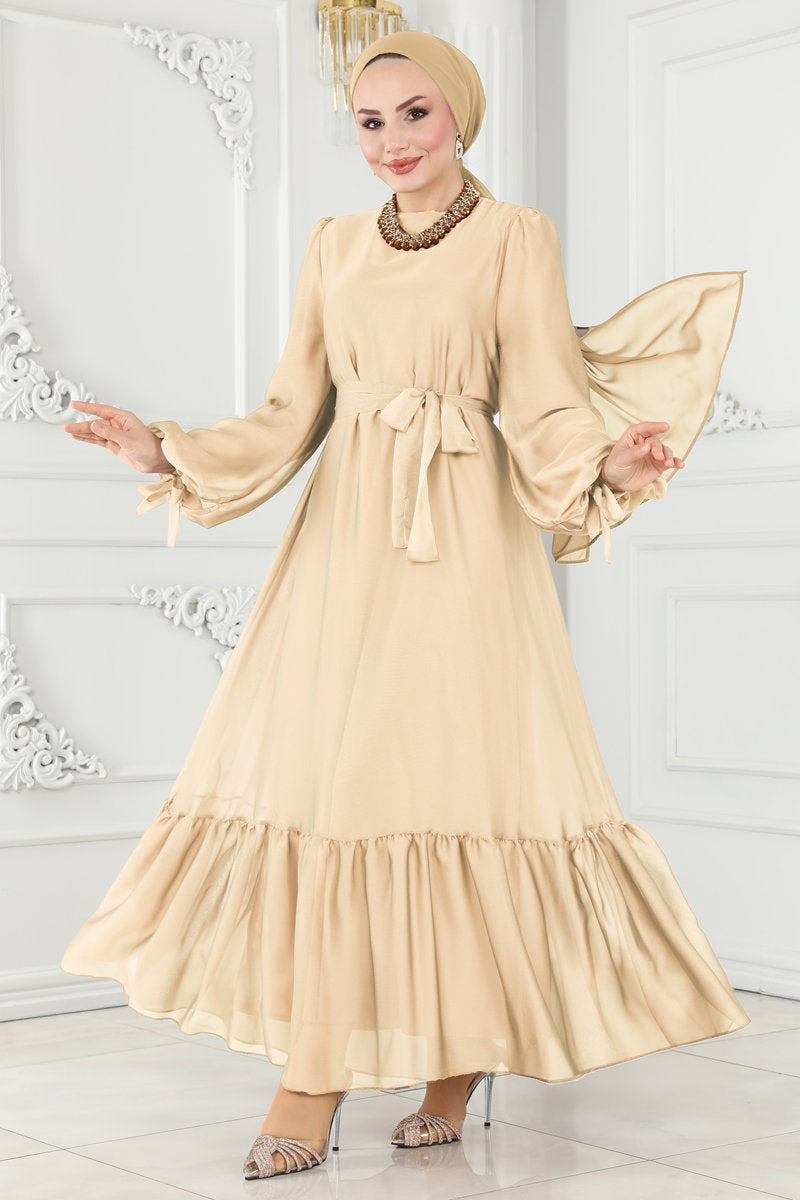 Shot-Fabric Evening Dress with Tie Cuffs - Gold
