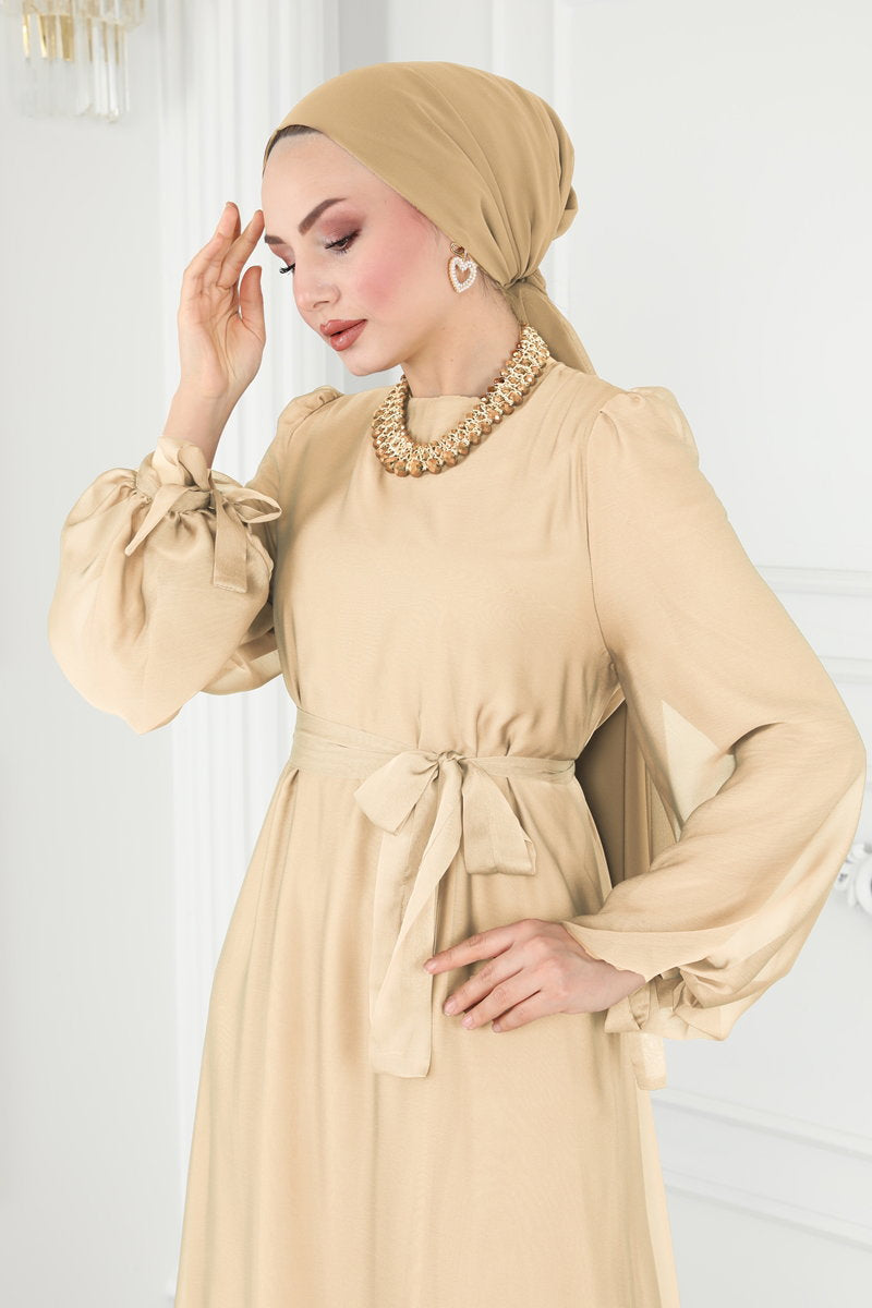 Shot-Fabric Evening Dress with Tie Cuffs - Gold