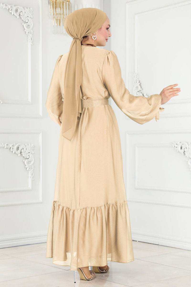 Shot-Fabric Evening Dress with Tie Cuffs - Gold