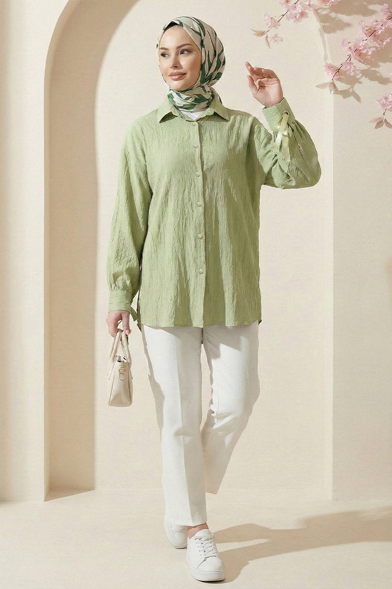 Woven Shirt with Tie Cuffs - Light Almond Green