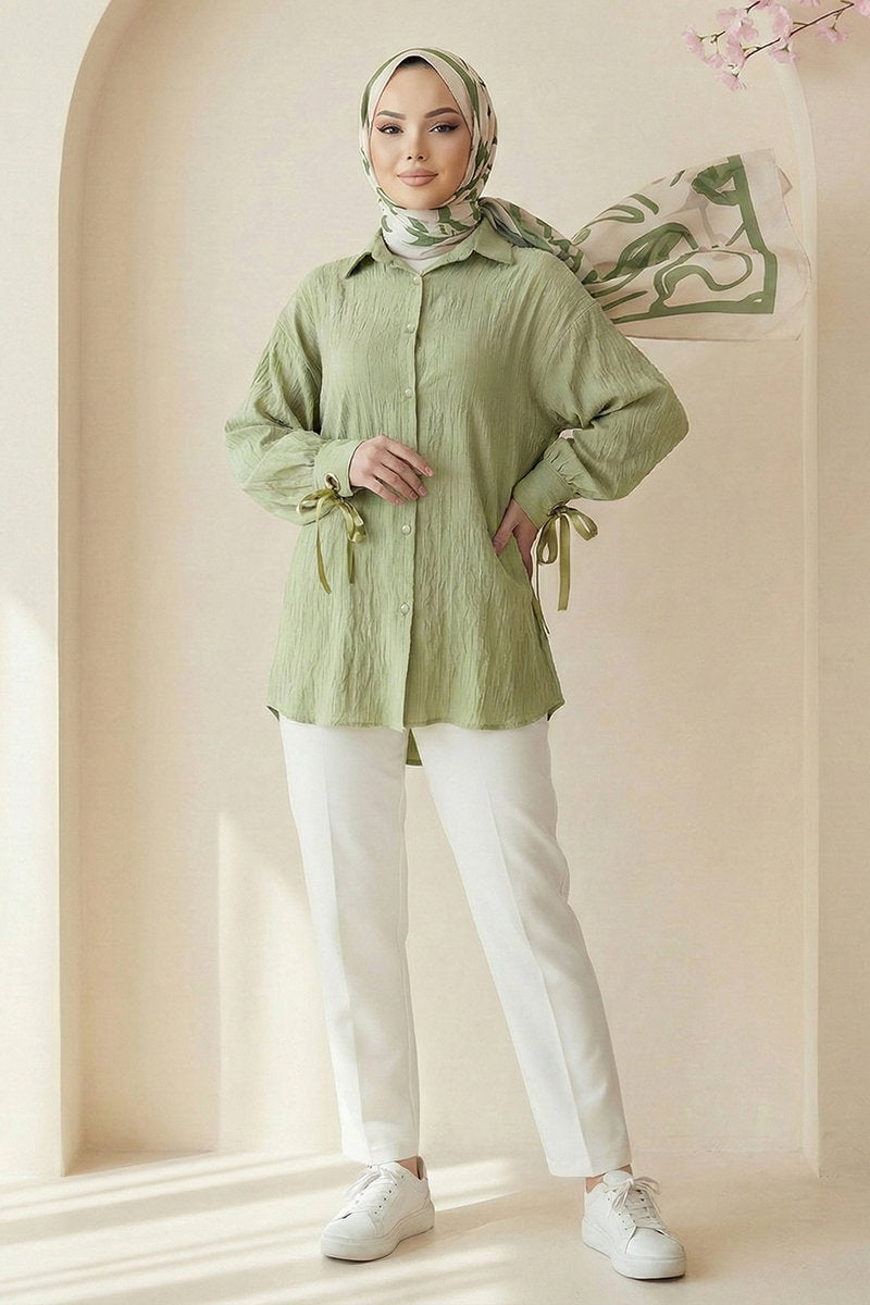 Woven Shirt with Tie Cuffs - Light Almond Green