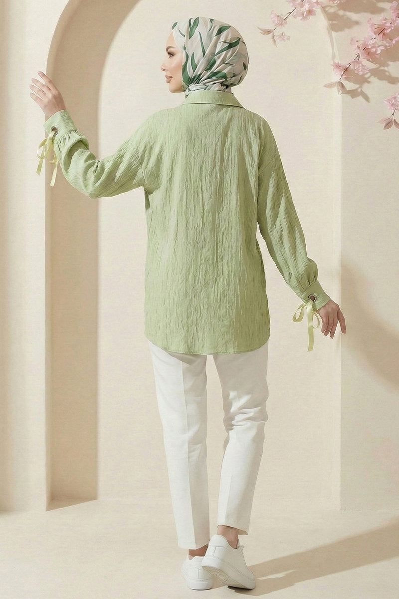 Woven Shirt with Tie Cuffs - Light Almond Green