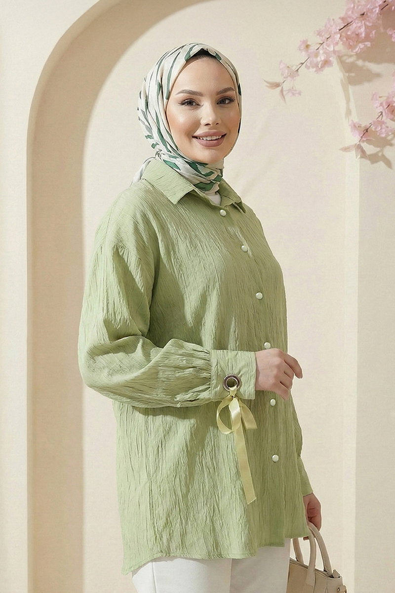 Woven Shirt with Tie Cuffs - Light Almond Green