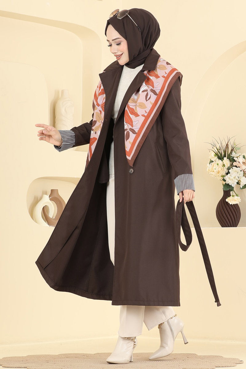Belted Trench Coat with Striped Cuffs - Brown
