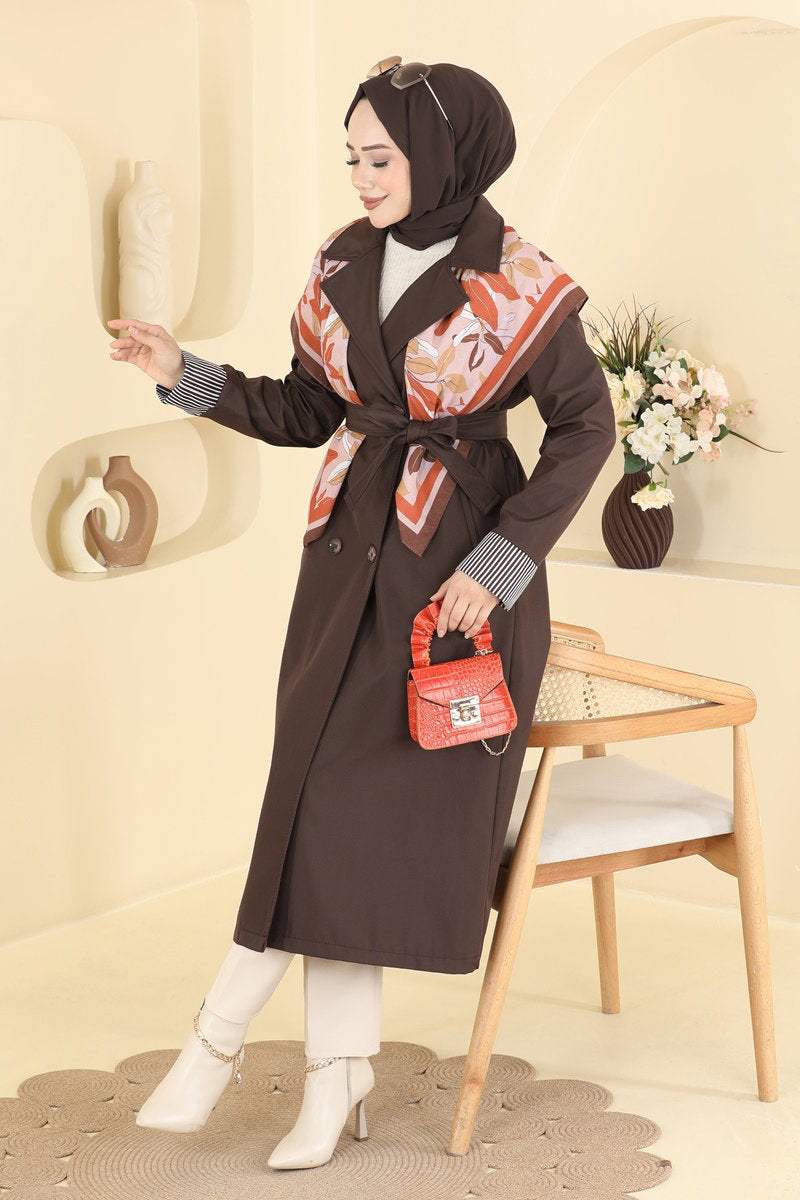 Belted Trench Coat with Striped Cuffs - Brown