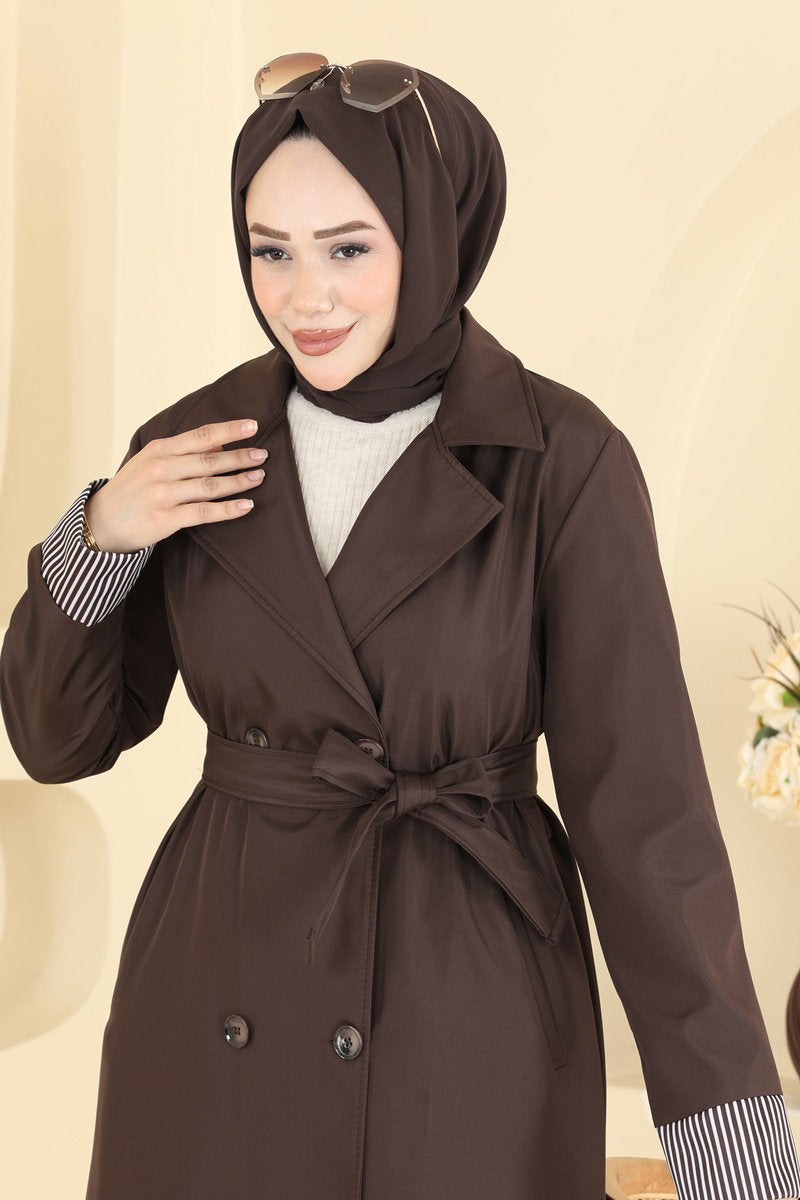 Belted Trench Coat with Striped Cuffs - Brown