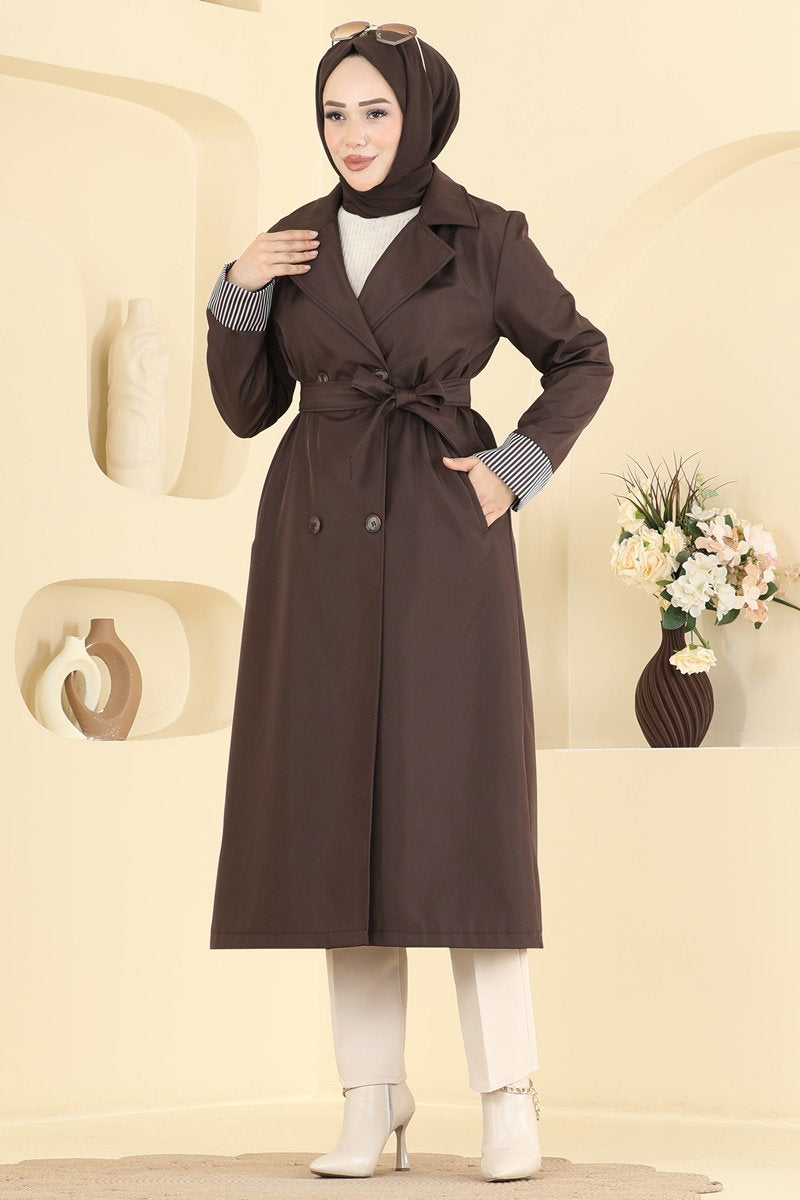 Belted Trench Coat with Striped Cuffs - Brown