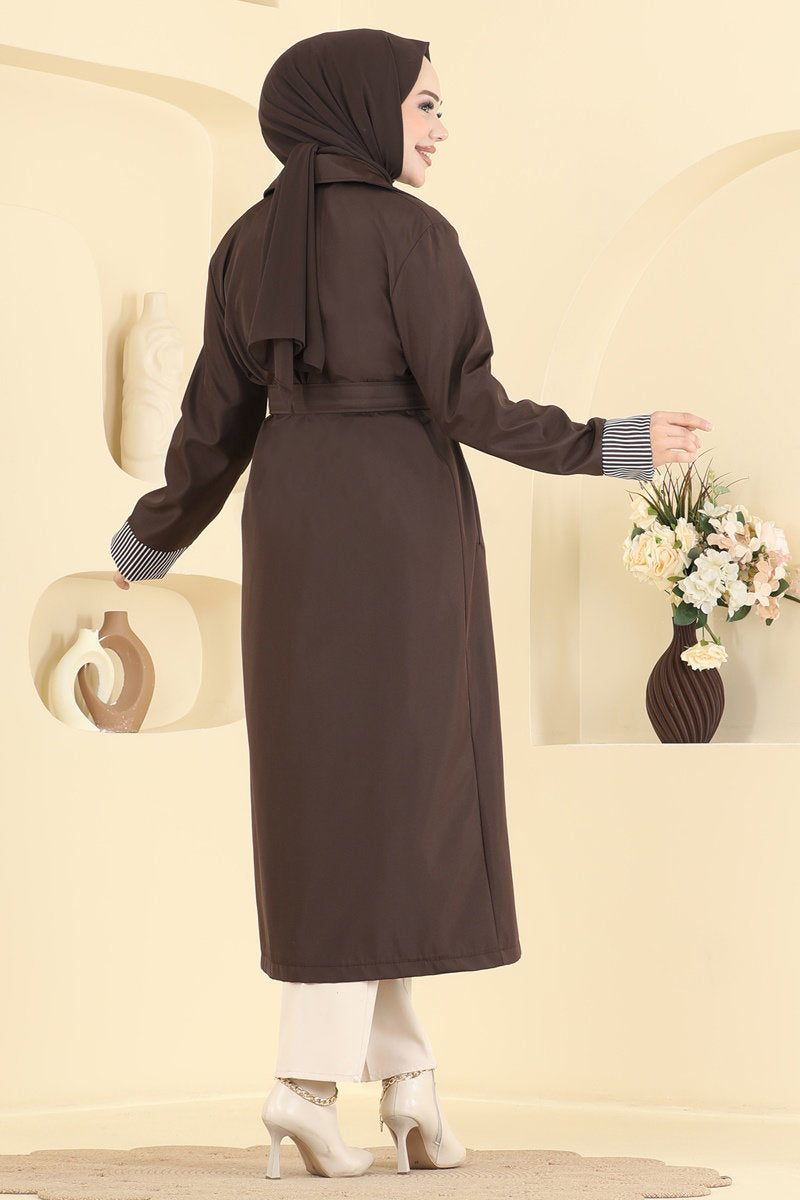 Belted Trench Coat with Striped Cuffs - Brown