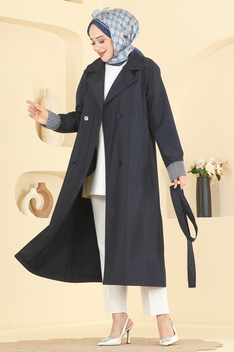 Belted Trench Coat with Striped Cuffs - Navy