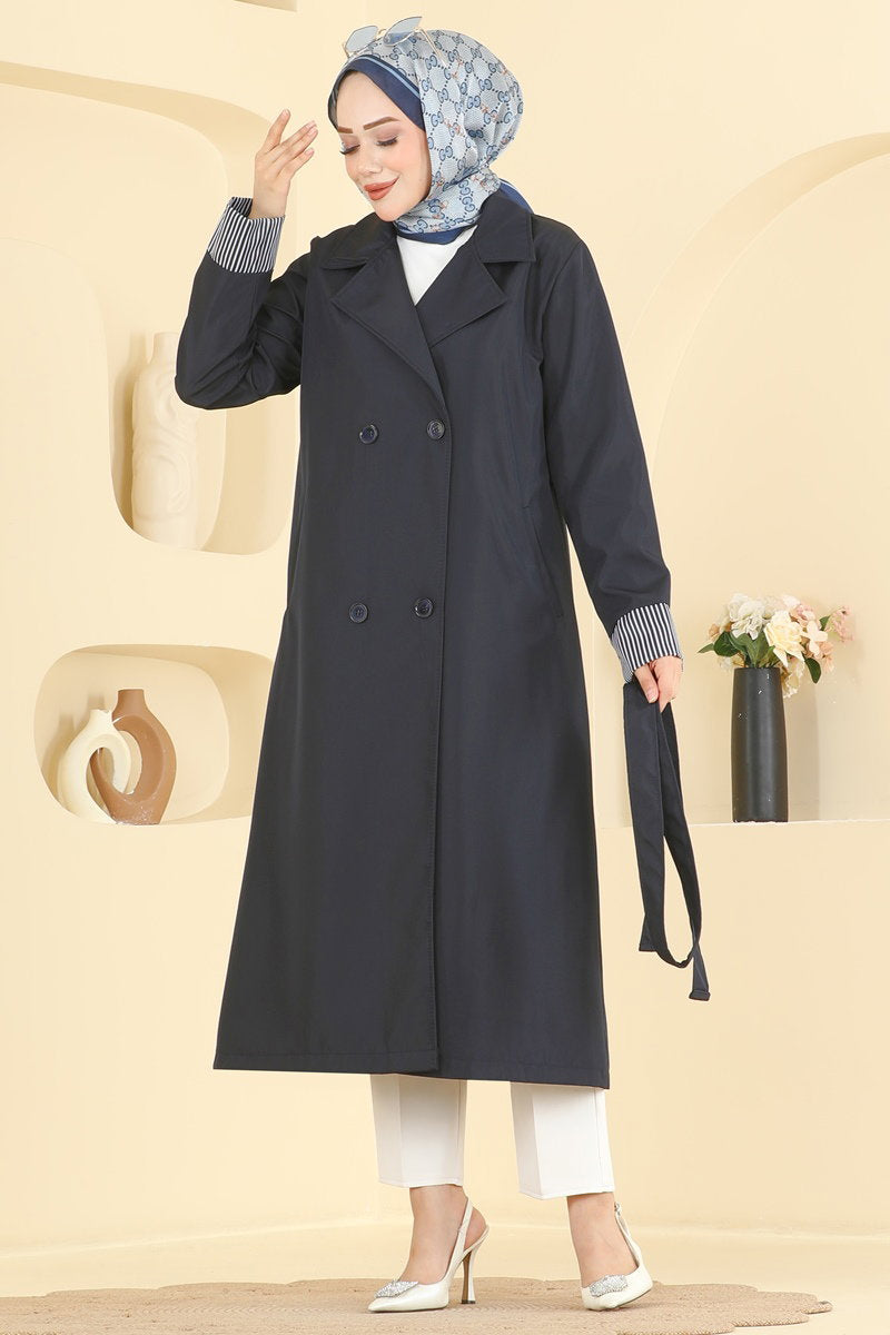 Belted Trench Coat with Striped Cuffs - Navy