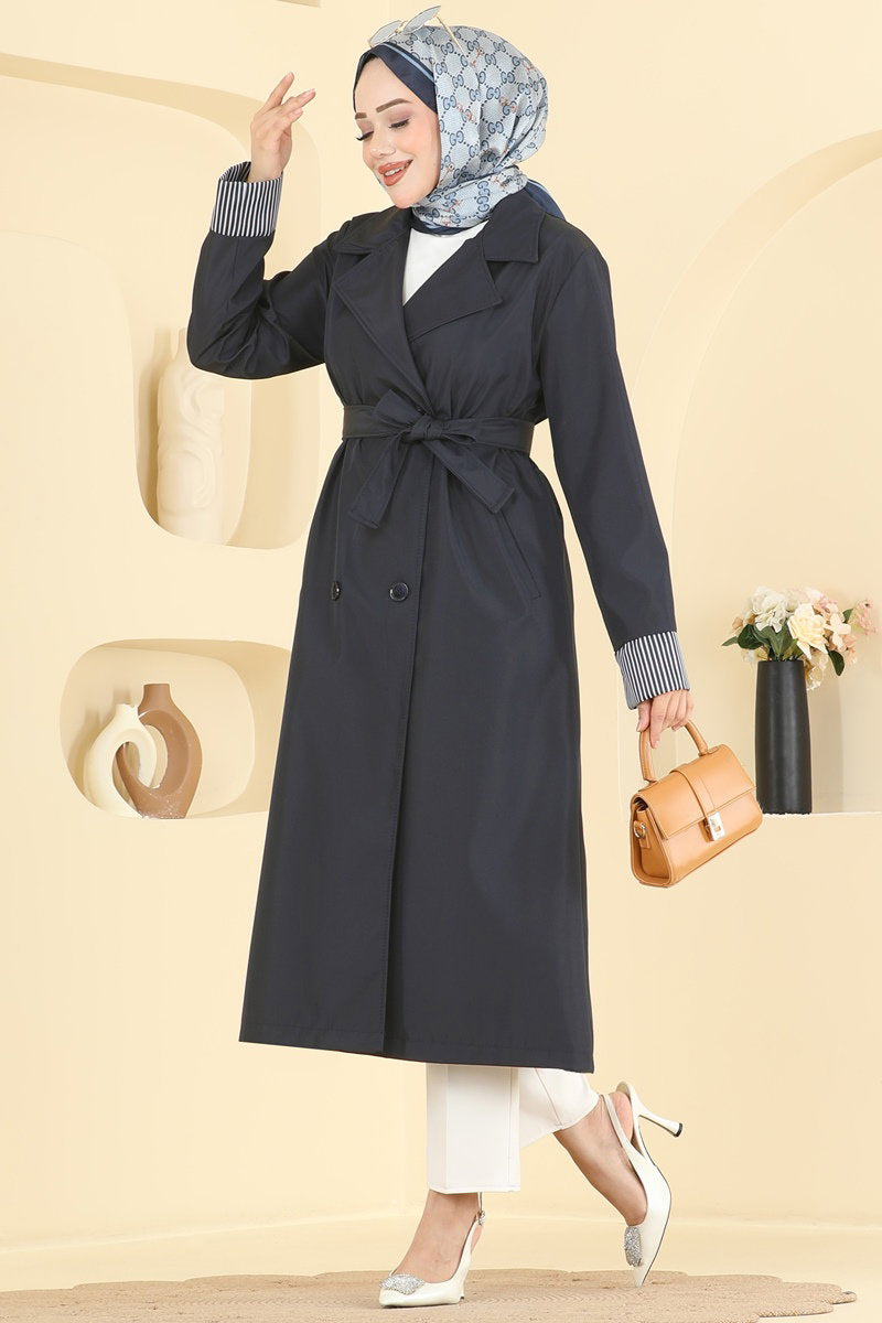 Belted Trench Coat with Striped Cuffs - Navy