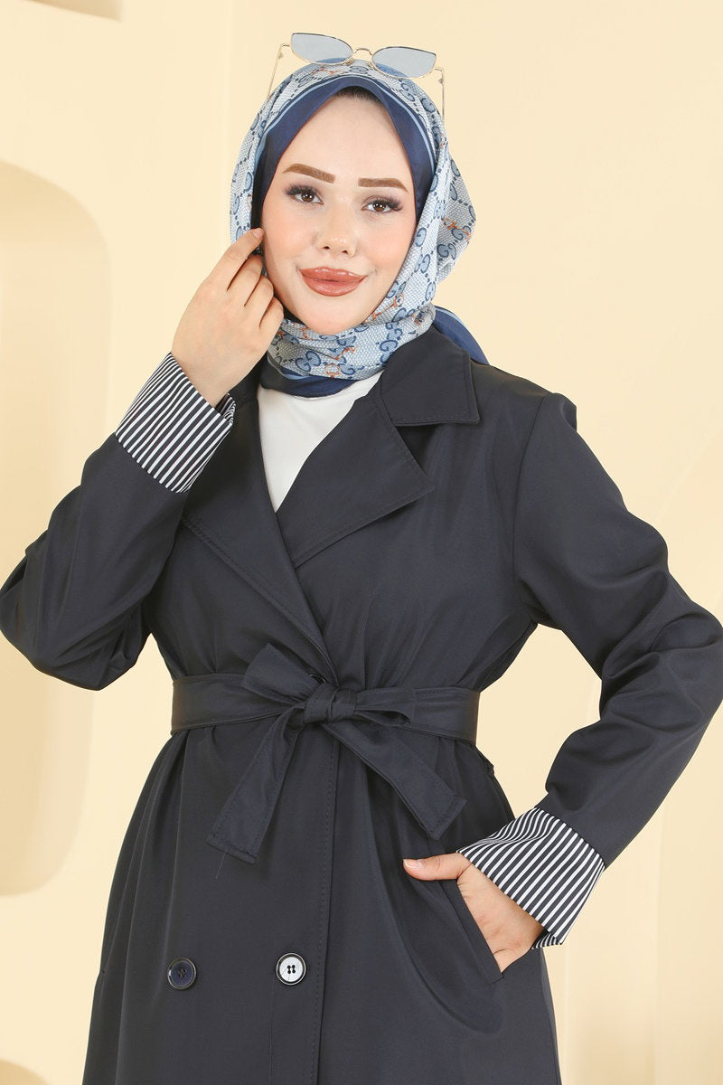 Belted Trench Coat with Striped Cuffs - Navy
