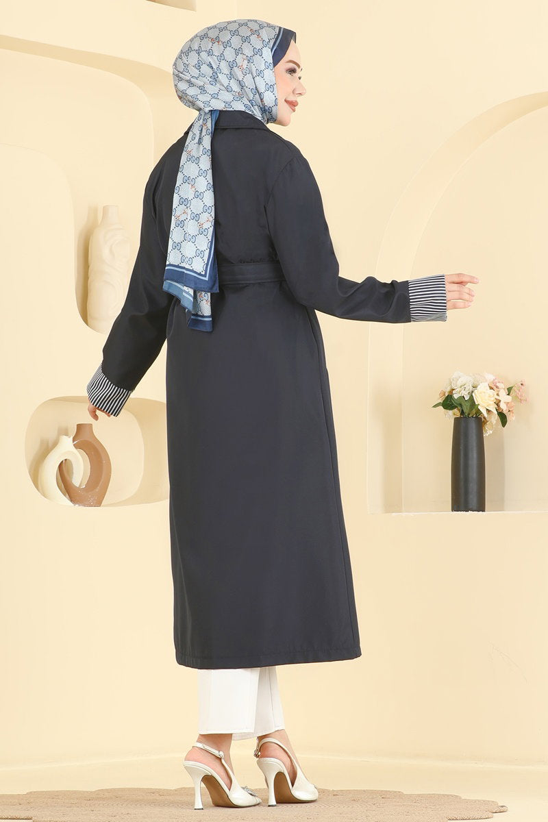 Belted Trench Coat with Striped Cuffs - Navy