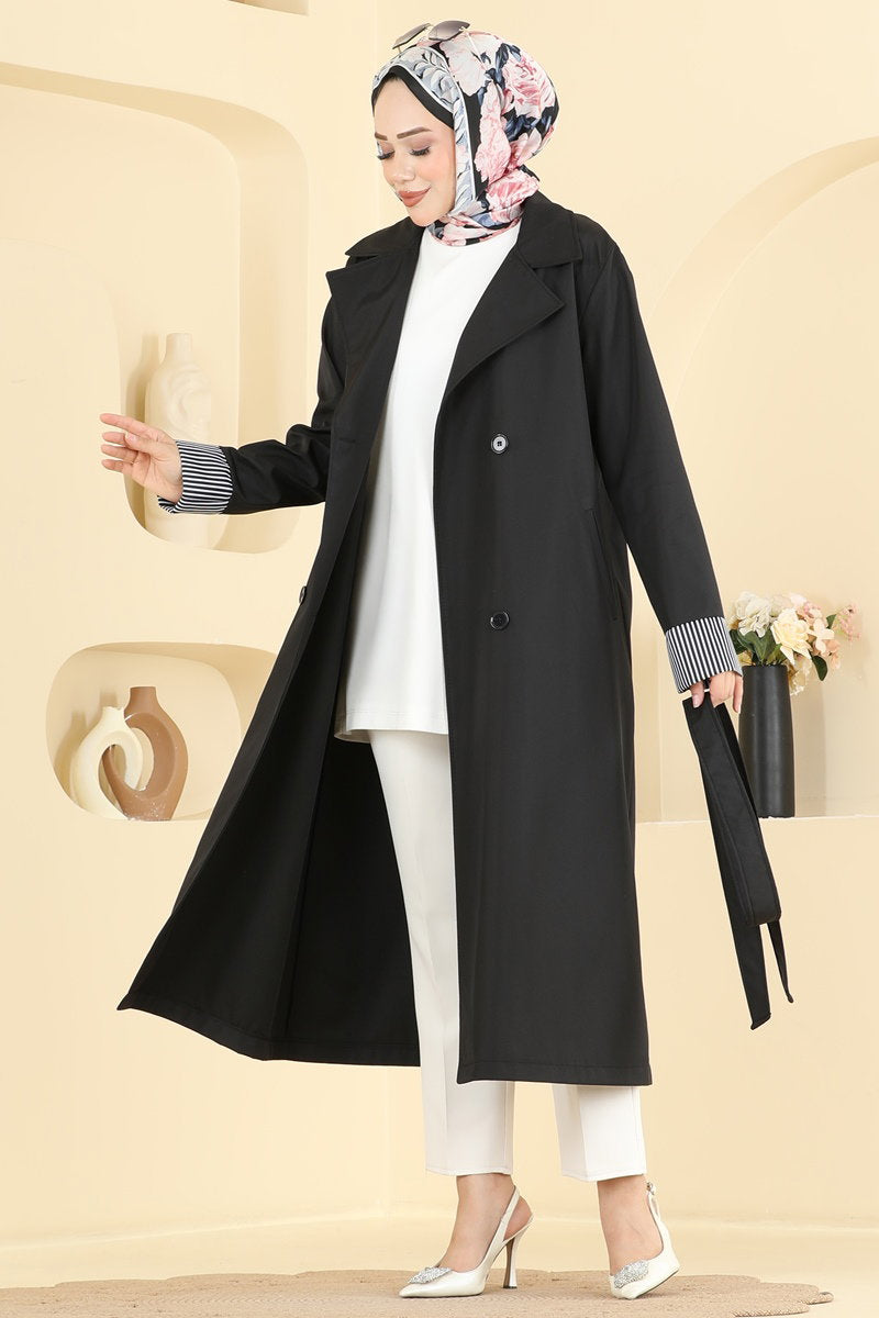 Belted Trench Coat with Striped Cuffs - Black