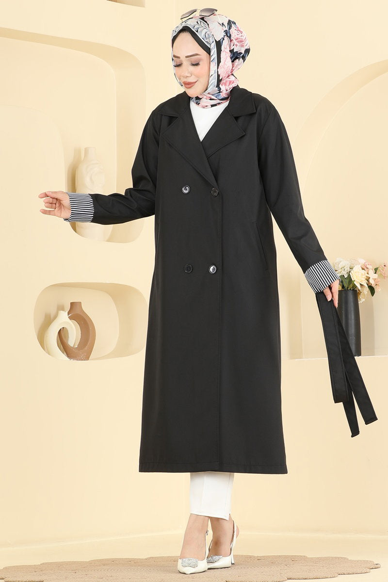 Belted Trench Coat with Striped Cuffs - Black