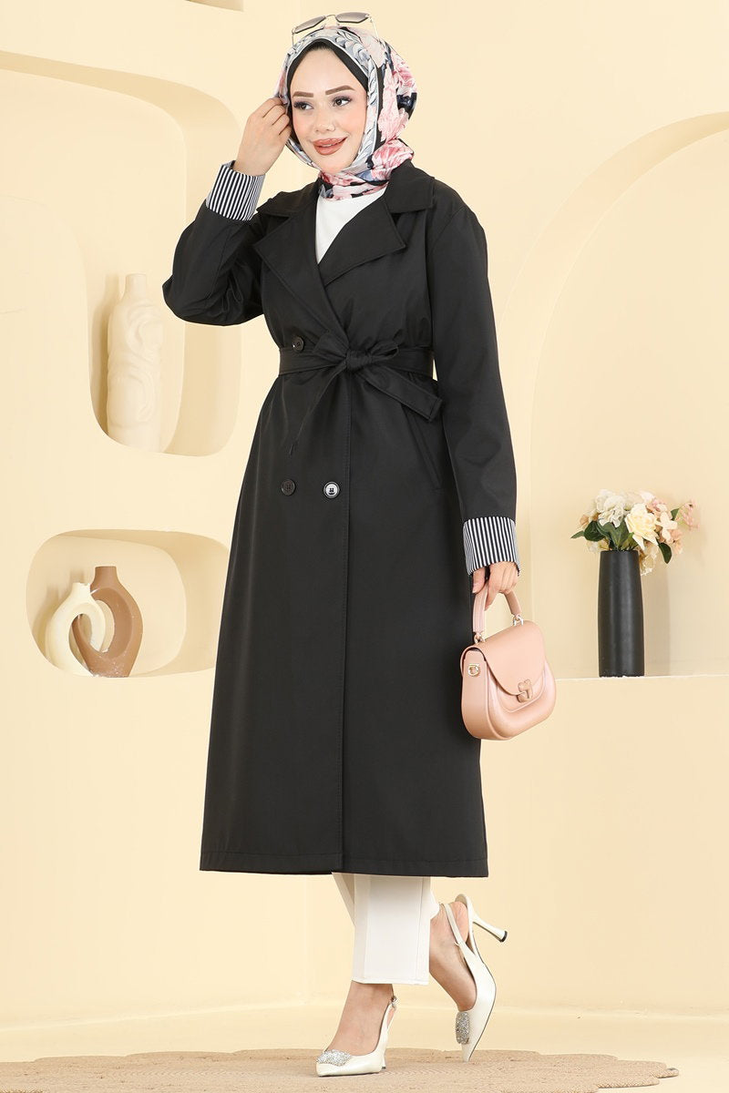 Belted Trench Coat with Striped Cuffs - Black