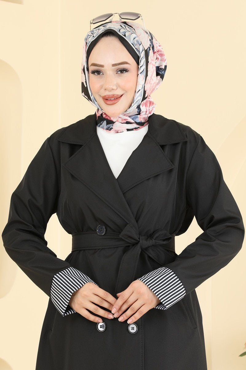 Belted Trench Coat with Striped Cuffs - Black