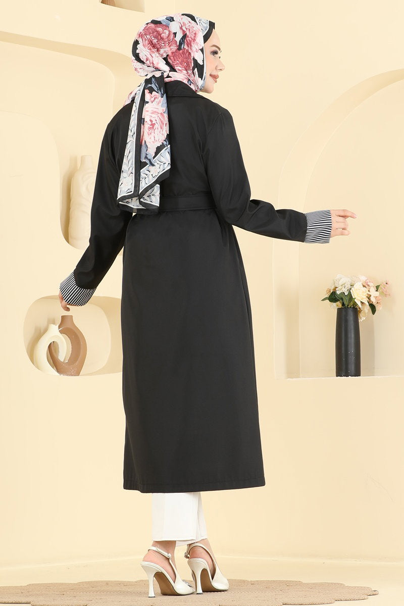 Belted Trench Coat with Striped Cuffs - Black