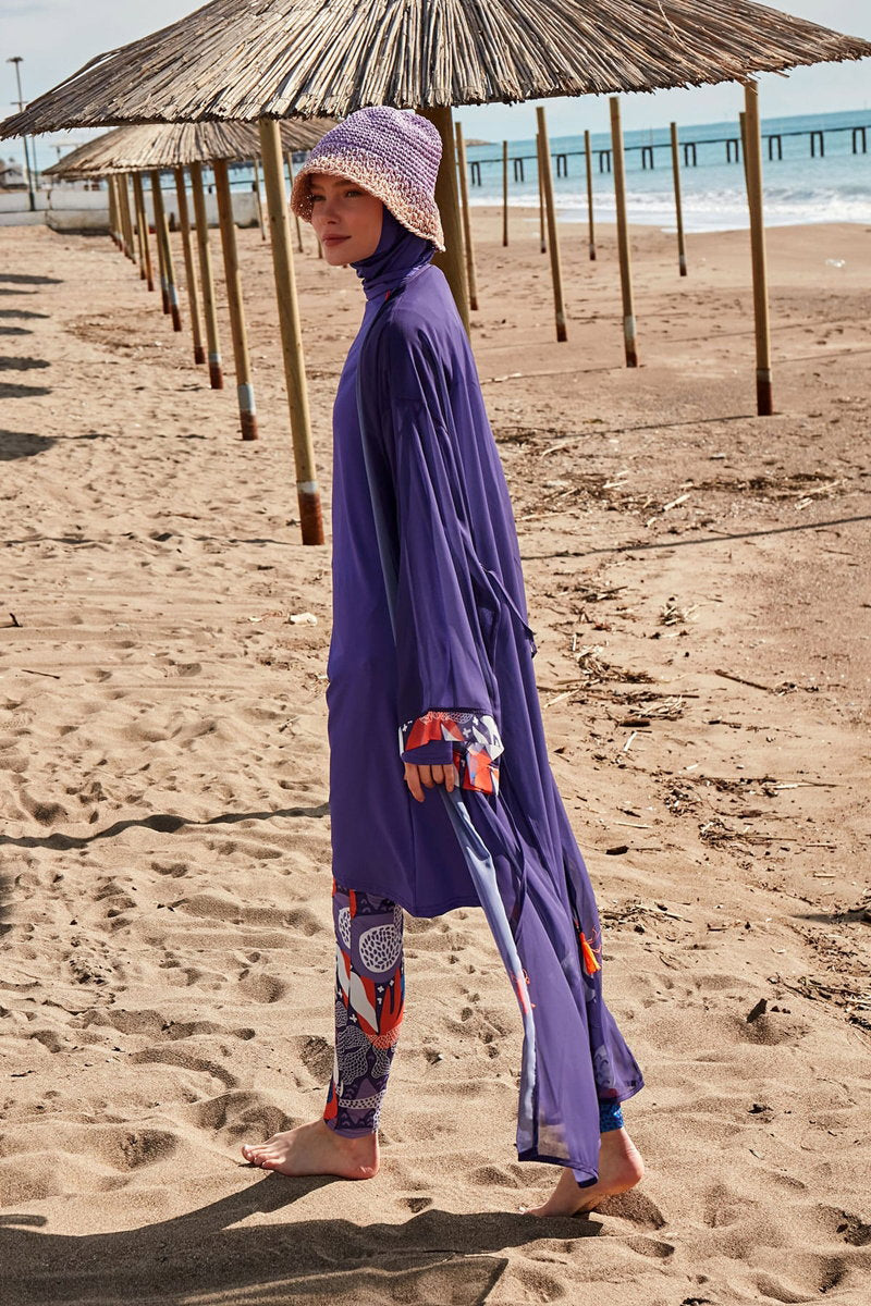 Chiffon Pareo with Printed Cuffs - Purple