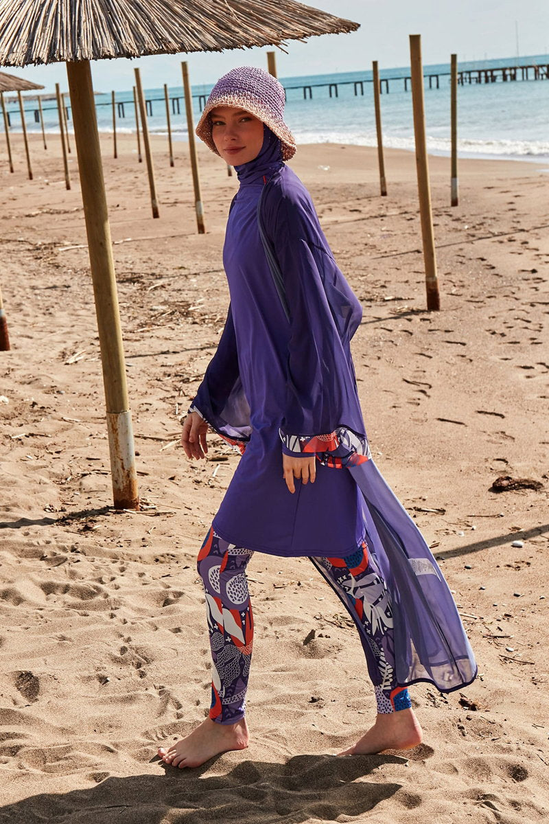 Chiffon Pareo with Printed Cuffs - Purple