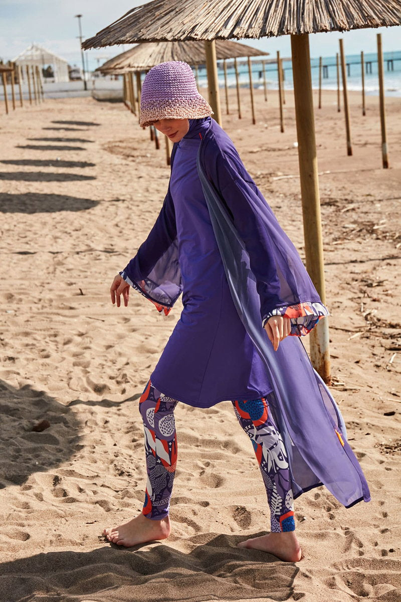 Chiffon Pareo with Printed Cuffs - Purple
