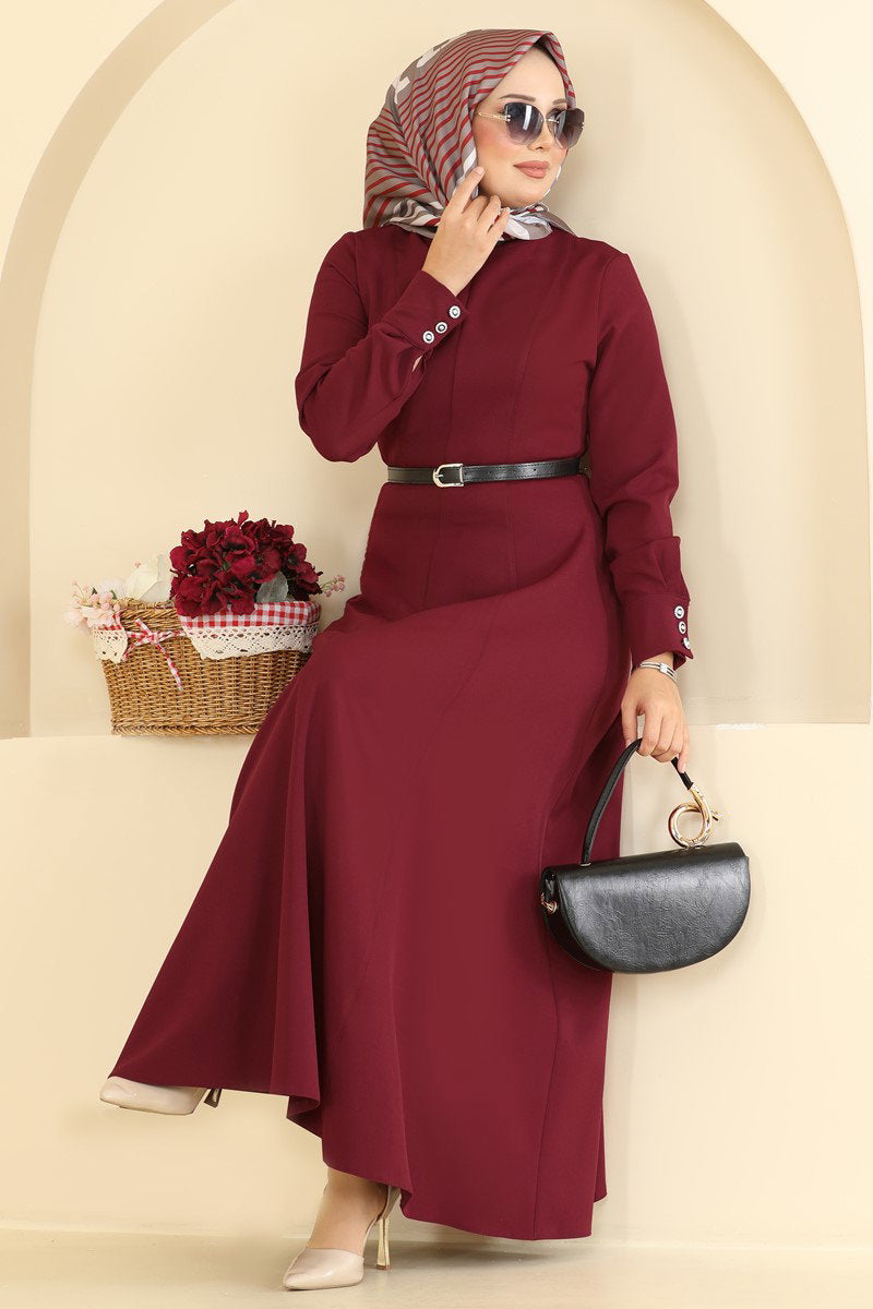 Belted Double Knit Dress with Button Cuffs - Burgundy