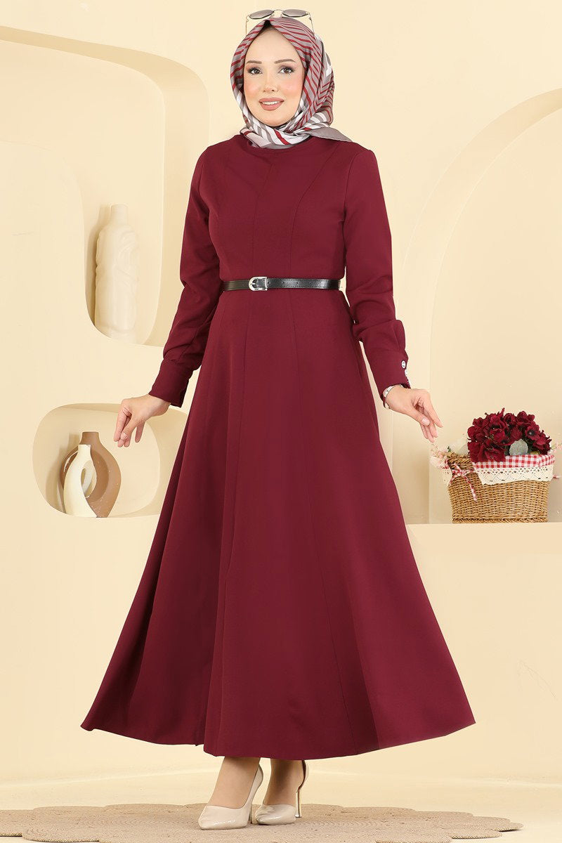 Belted Double Knit Dress with Button Cuffs - Burgundy