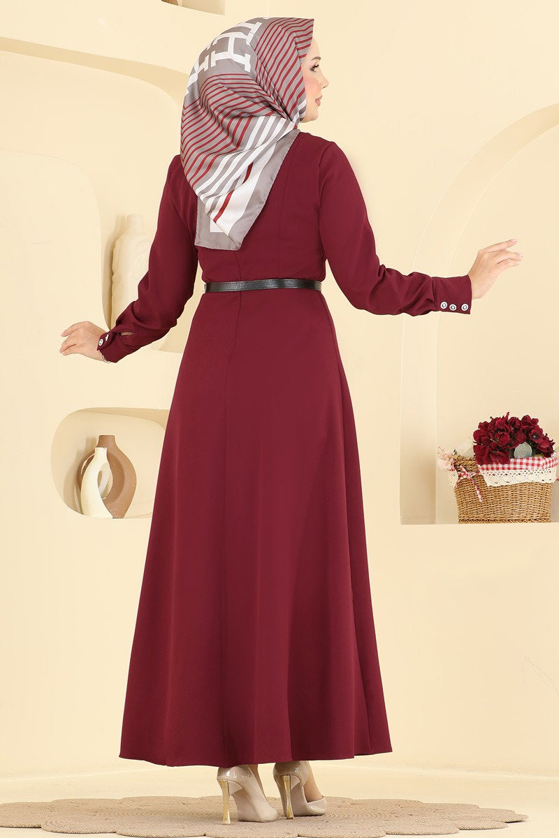 Belted Double Knit Dress with Button Cuffs - Burgundy