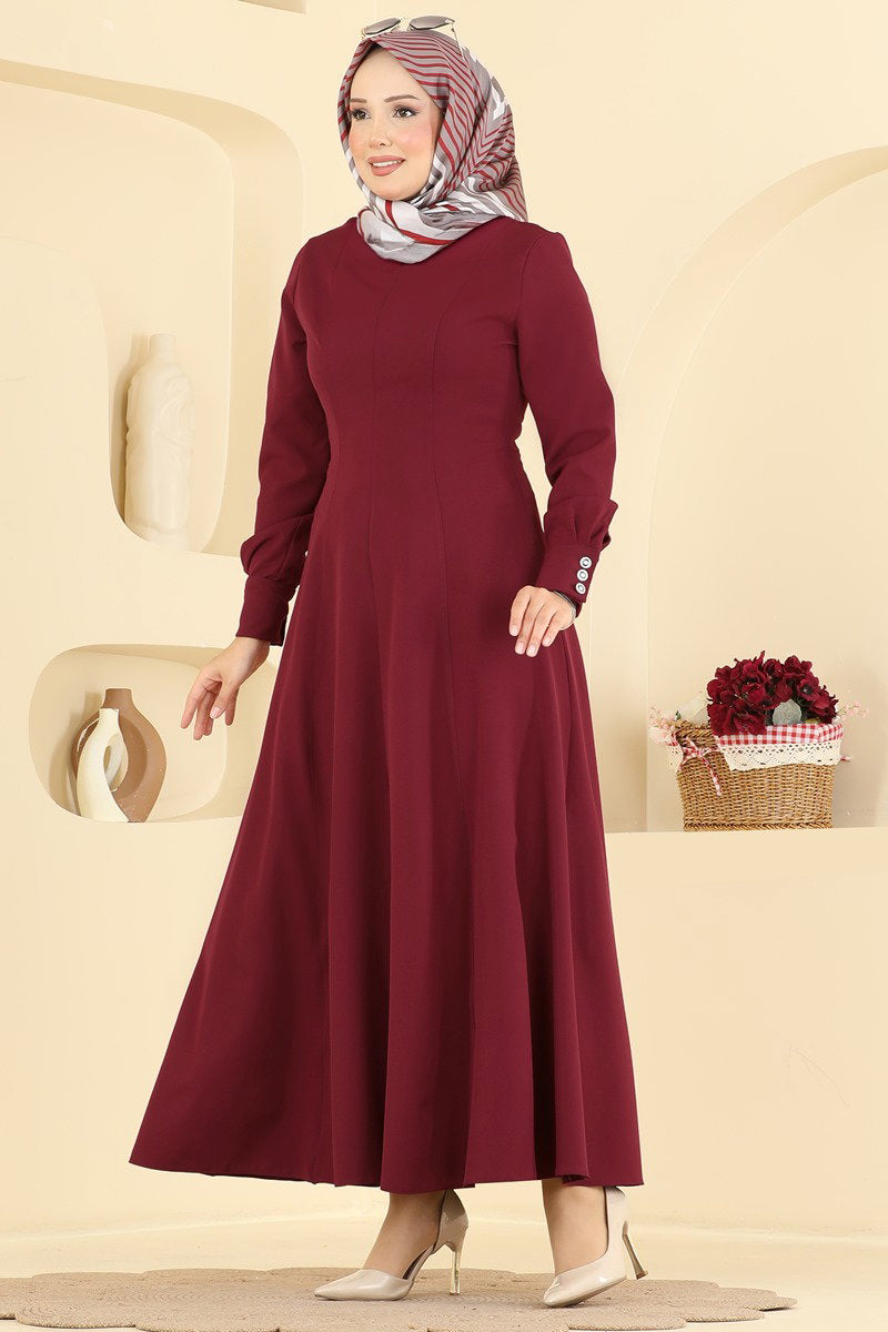 Belted Double Knit Dress with Button Cuffs - Burgundy