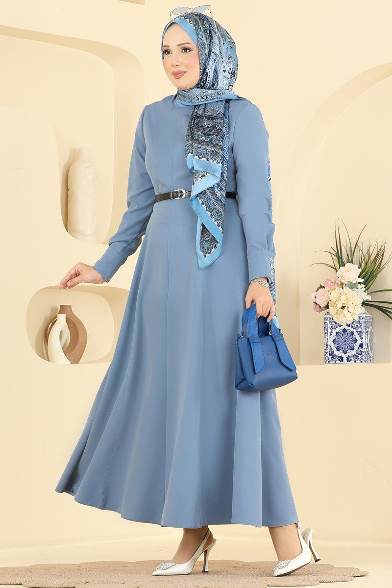 Belted Double Knit Dress with Button Cuffs - Blue