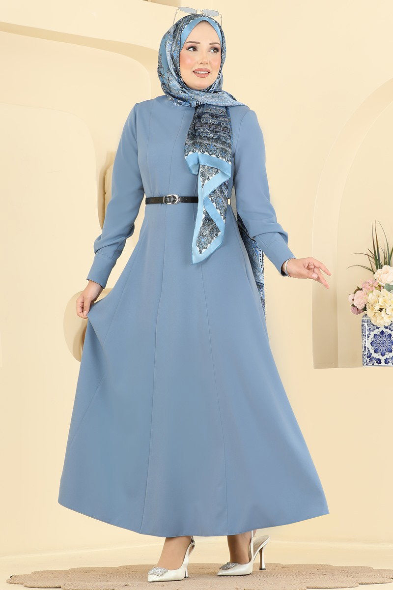Belted Double Knit Dress with Button Cuffs - Blue
