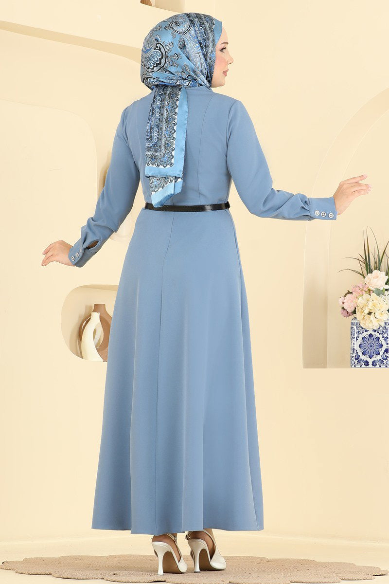 Belted Double Knit Dress with Button Cuffs - Blue