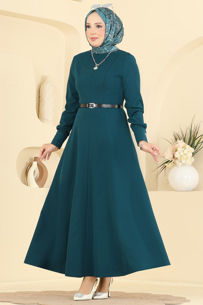 Belted Double Knit Dress with Button Cuffs - Teal