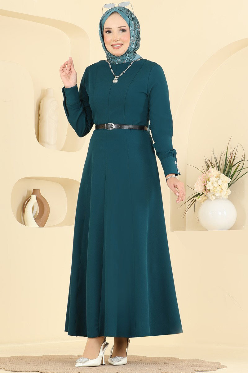 Belted Double Knit Dress with Button Cuffs - Teal