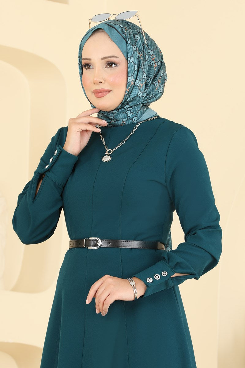 Belted Double Knit Dress with Button Cuffs - Teal