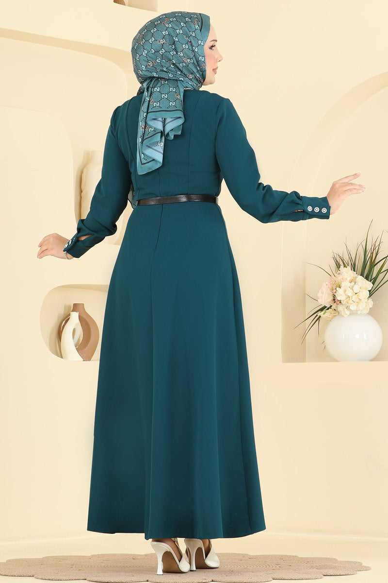 Belted Double Knit Dress with Button Cuffs - Teal