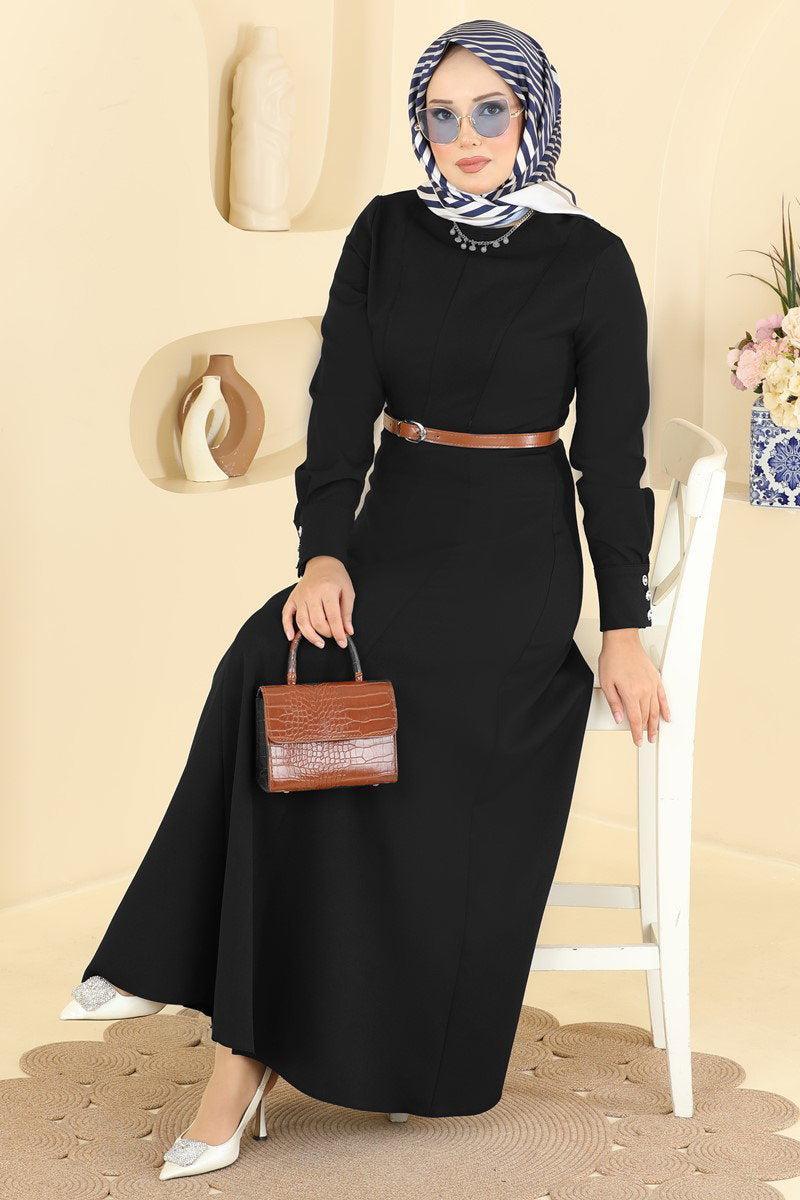 Belted Double Knit Dress with Button Cuffs - Black