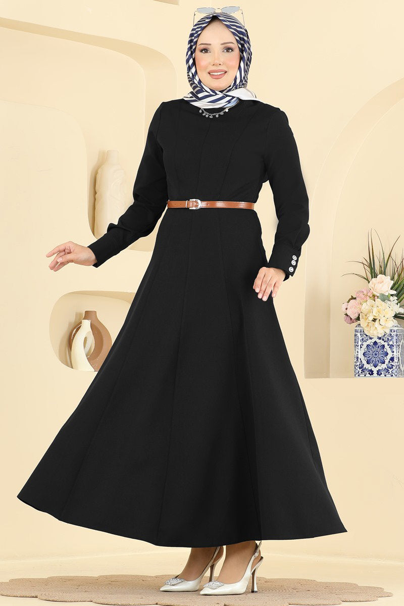 Belted Double Knit Dress with Button Cuffs - Black