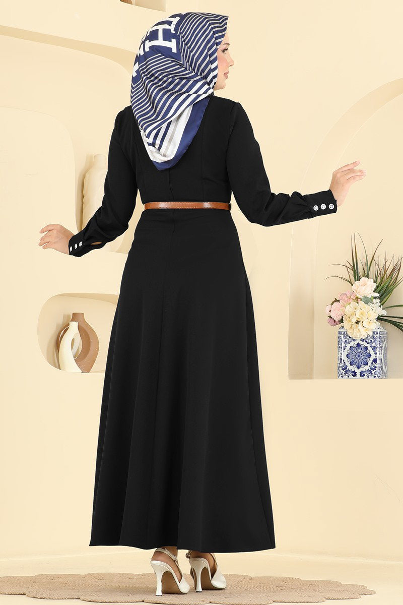 Belted Double Knit Dress with Button Cuffs - Black