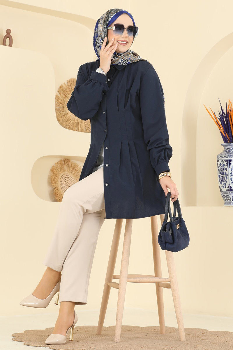 Poly-Cotton Shirt with Button Cuffs - Navy