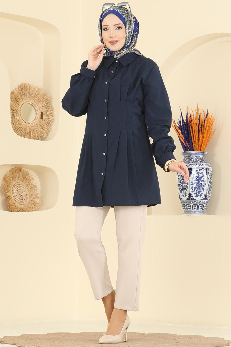 Poly-Cotton Shirt with Button Cuffs - Navy