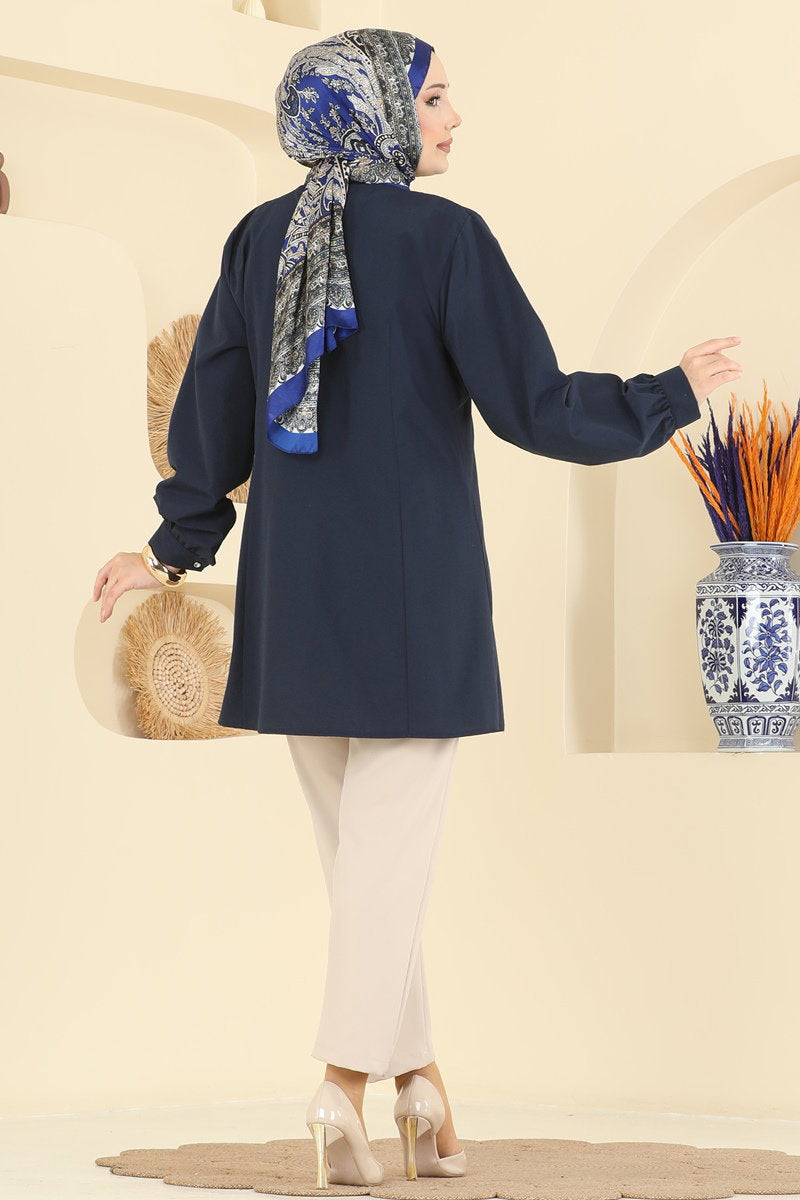 Poly-Cotton Shirt with Button Cuffs - Navy
