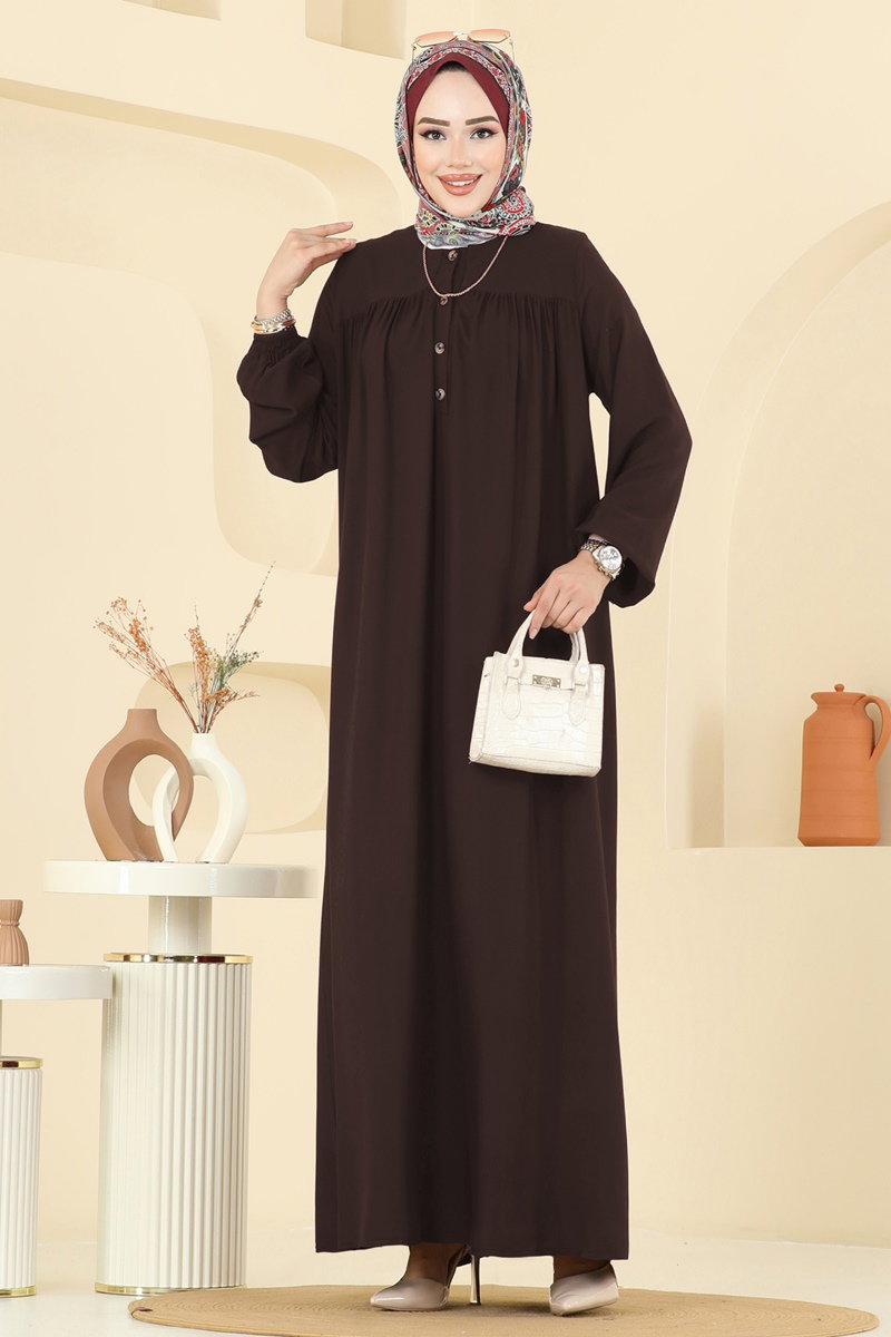 Viscose Dress with Elastic Cuffs - Dark Brown