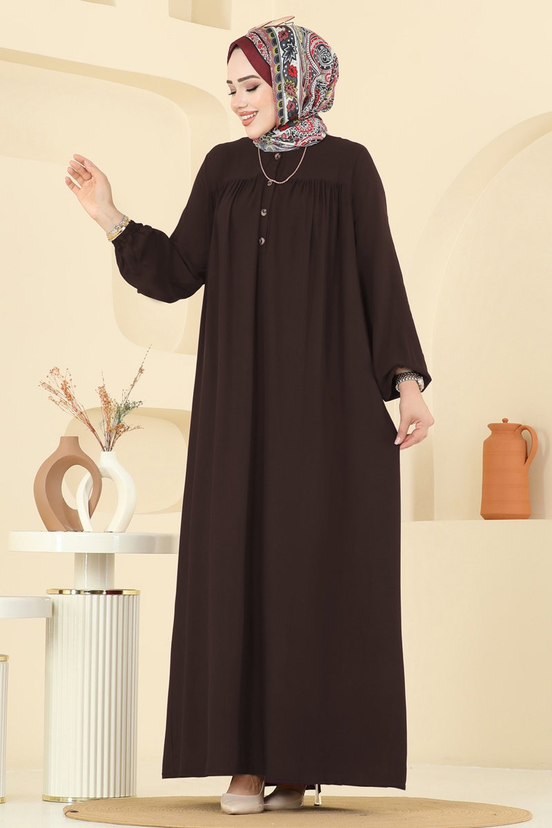 Viscose Dress with Elastic Cuffs - Dark Brown