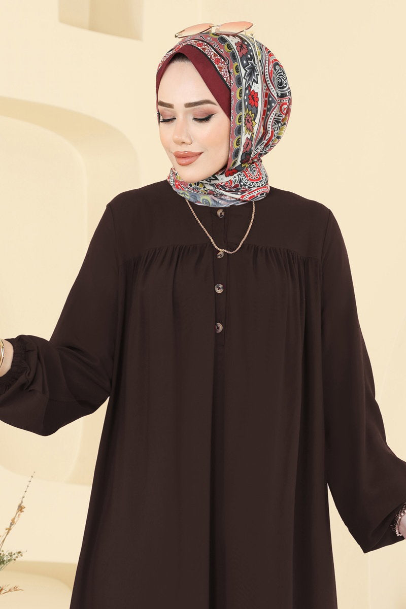 Viscose Dress with Elastic Cuffs - Dark Brown