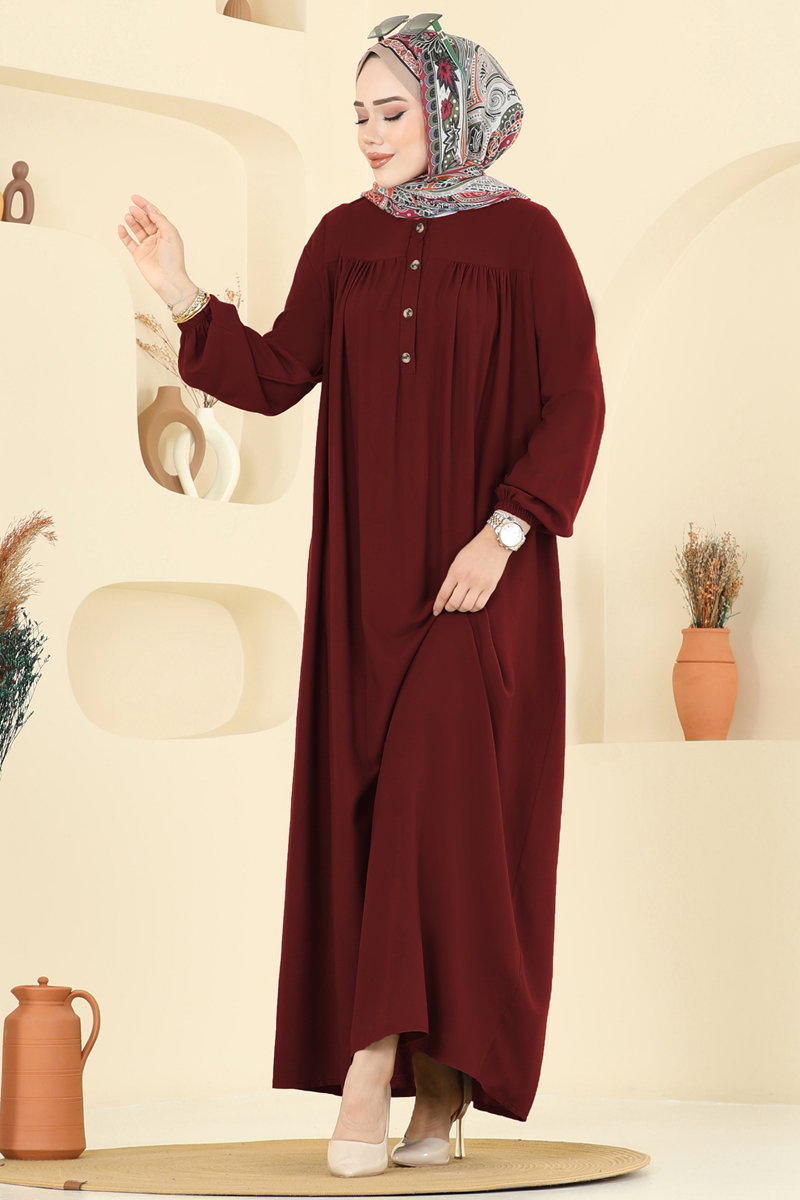 Viscose Dress with Elastic Cuffs - Burgundy