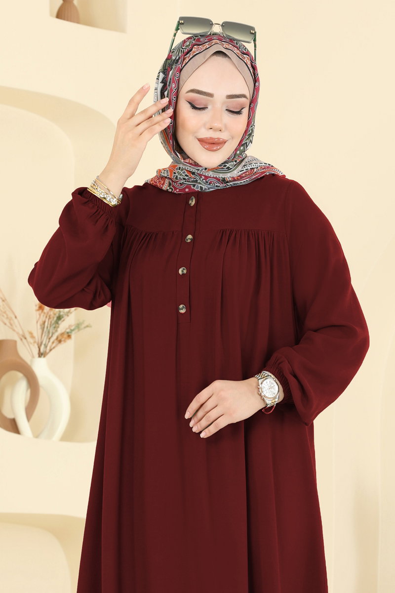 Viscose Dress with Elastic Cuffs - Burgundy