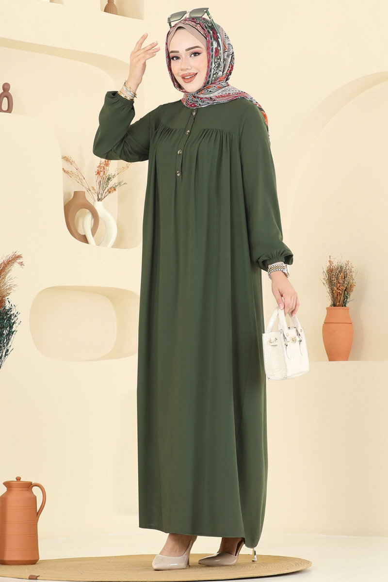 Viscose Dress with Elastic Cuffs - Khaki